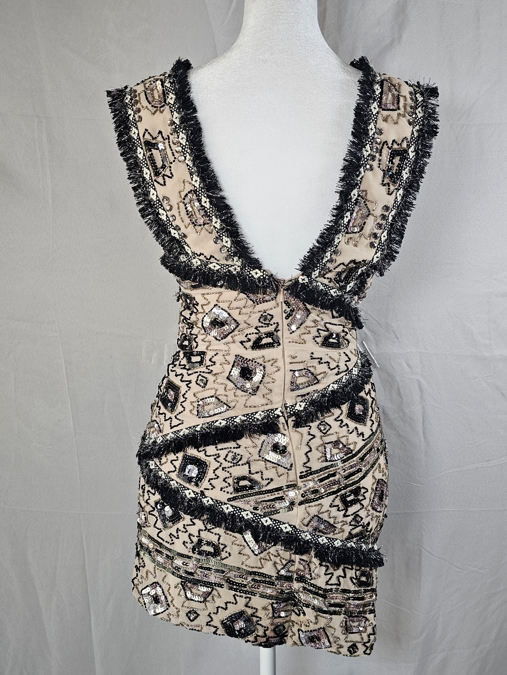 ASOS DESIGN, Beaded V-Neck Dress in Nude and Black - Picture 5 of 12